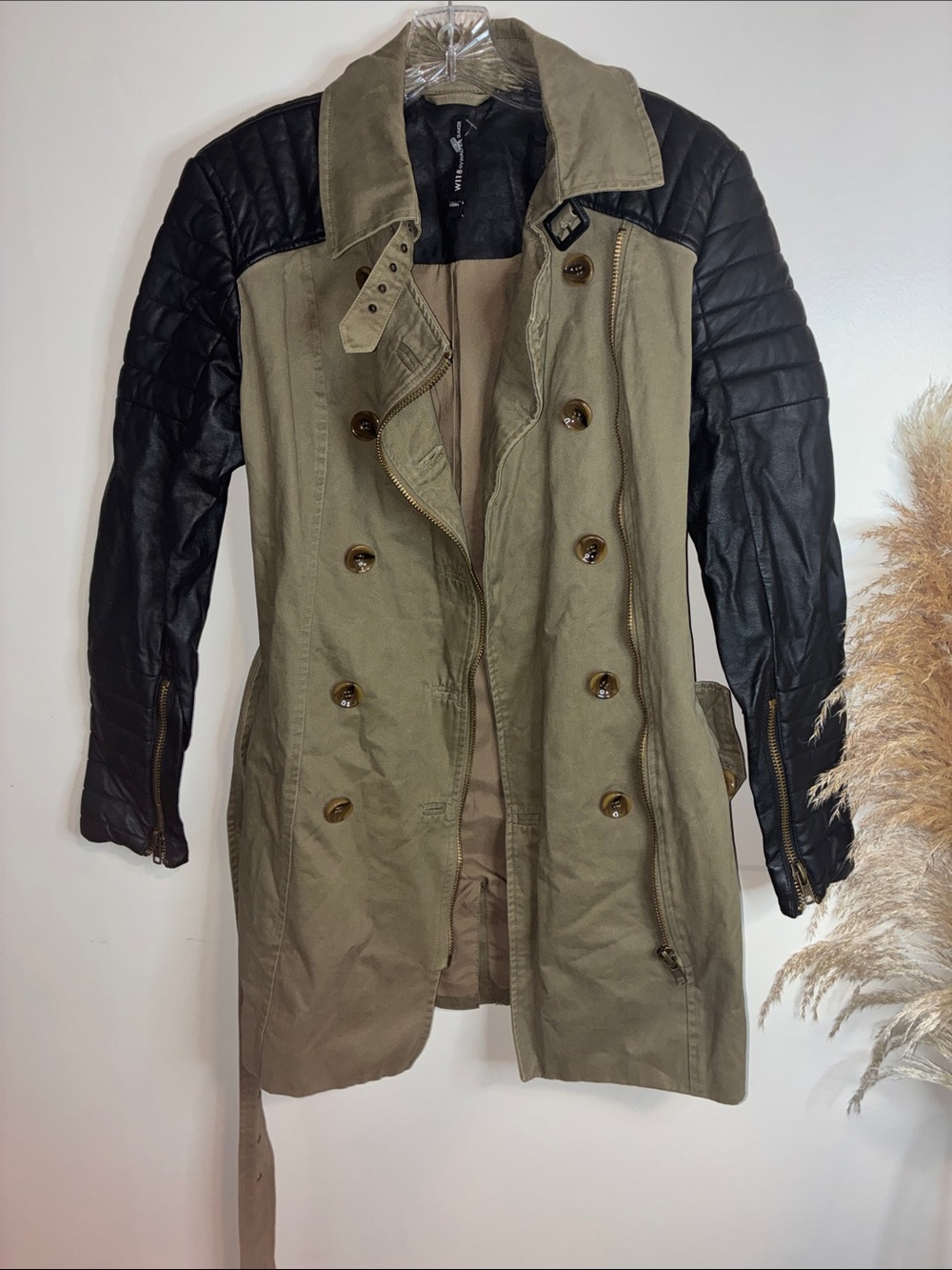 Walter Baker Olive Trench Coat with Black Quilted Sleeves